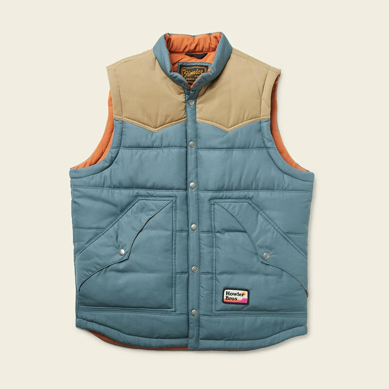 Howler Bros Rounder Vest in Dark Slate and Khaki, flat lay view