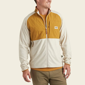 Model Wearing Howler Brothers Talisman Grid Fleece Jacket in Oatmeal, Front View