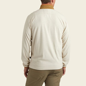 Model Wearing Howler Brothers Talisman Grid Fleece Jacket in Oatmeal, Rear View 