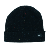 Black ribbed knit beanie with multicolor Donegal flecks and a folded cuff, front view - The Simple Man