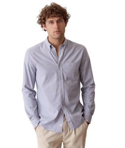 Man wearing Blue Oxford Shirt, front view on model - The Simple Man