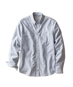 Blue Oxford Shirt, cotton stretch button-down, flat lay view - The Simple Man