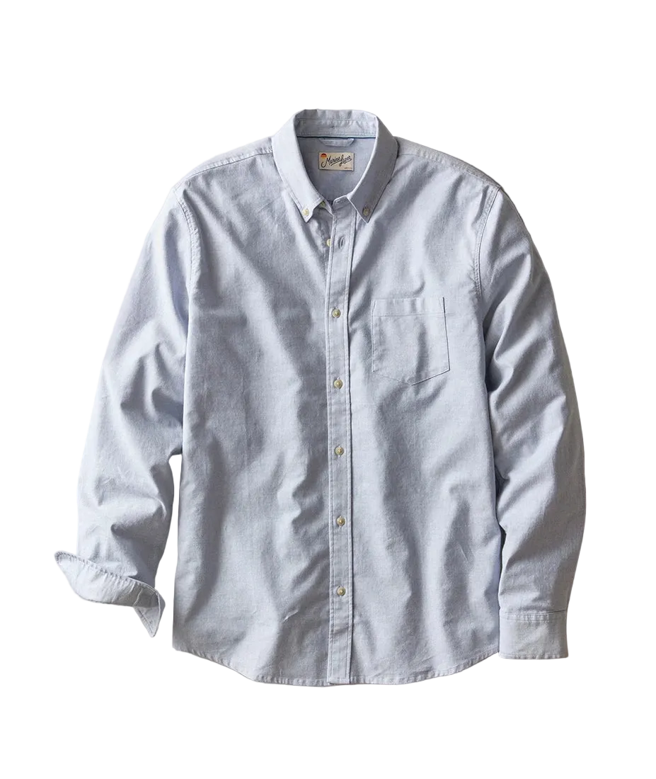 Blue Oxford Shirt, cotton stretch button-down, flat lay view - The Simple Man
