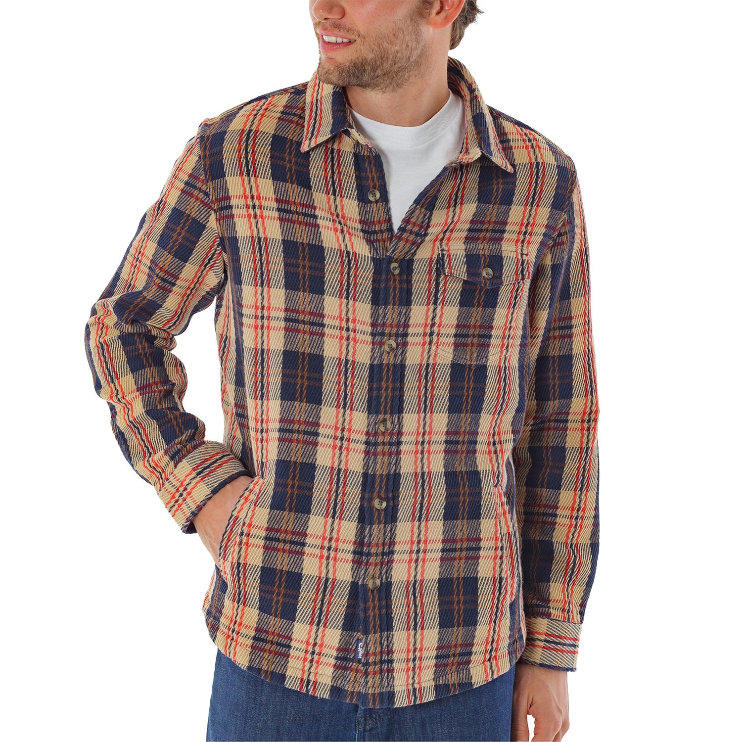 Heavy Twill Shacket in Navy Multi Plaid front view on white background - The Simple Man