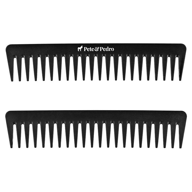 Two black wide tooth detangling combs side by side