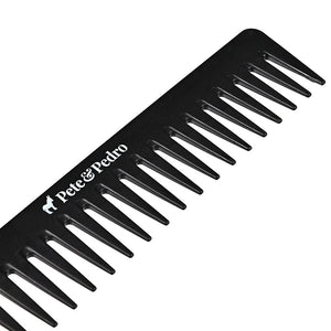 Close-up of wide tooth detangling comb teeth and logo