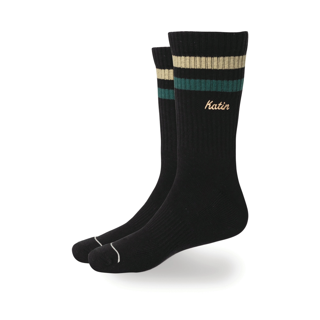 Felix Sock in Black Wash, black crew sock with a tan and green double stripe at the cuff