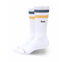 Felix Sock in Stargazer Honey, white crew sock with a slate blue and honey-gold stripe at the cuff