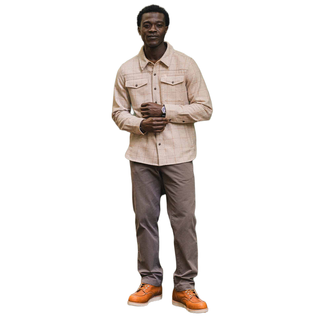 Man wearing Fielding Shirt Jacket Stonecross full length, styled with brown pants and tan work boots - The Simple Man