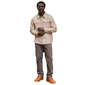 Man wearing Fielding Shirt Jacket Stonecross full length, styled with brown pants and tan work boots - The Simple Man