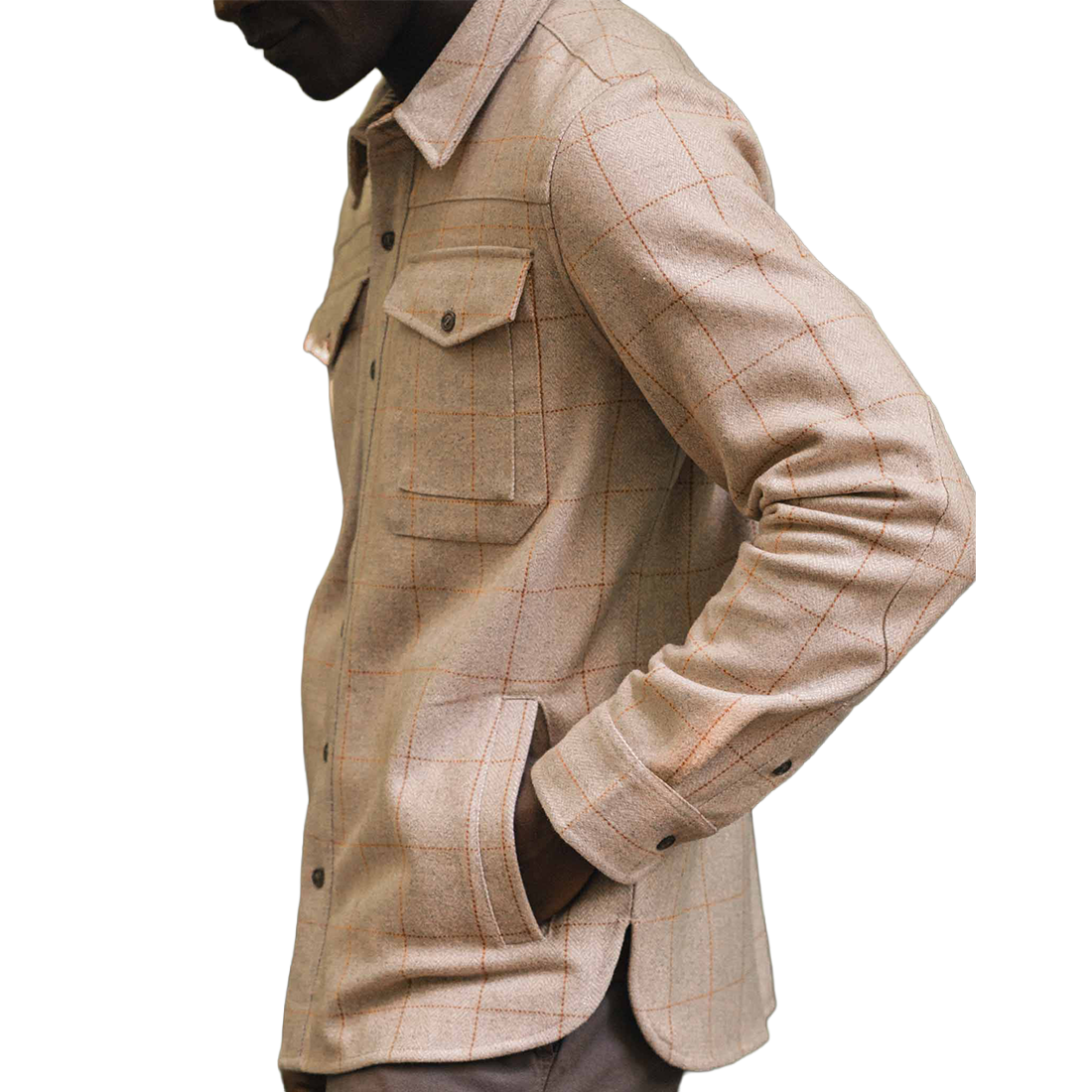 Side profile of Fielding Shirt Jacket Stonecross with hand in pocket, showing hand pocket construction and windowpane texture - The Simple Man