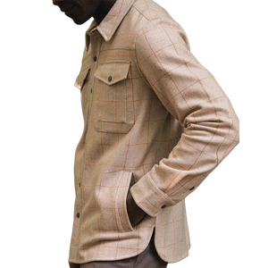 Side profile of Fielding Shirt Jacket Stonecross with hand in pocket, showing hand pocket construction and windowpane texture - The Simple Man