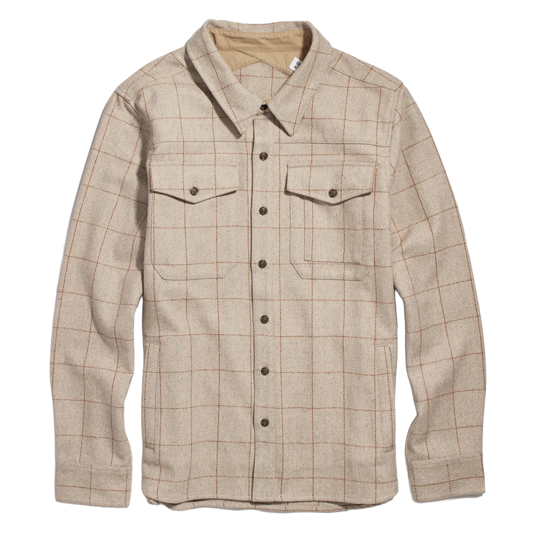 Fielding Shirt Jacket in Stonecross windowpane, flat lay front view showing button-flap chest pockets and collar - The Simple Man