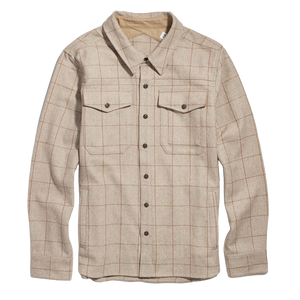 Fielding Shirt Jacket in Stonecross windowpane, flat lay front view showing button-flap chest pockets and collar - The Simple Man