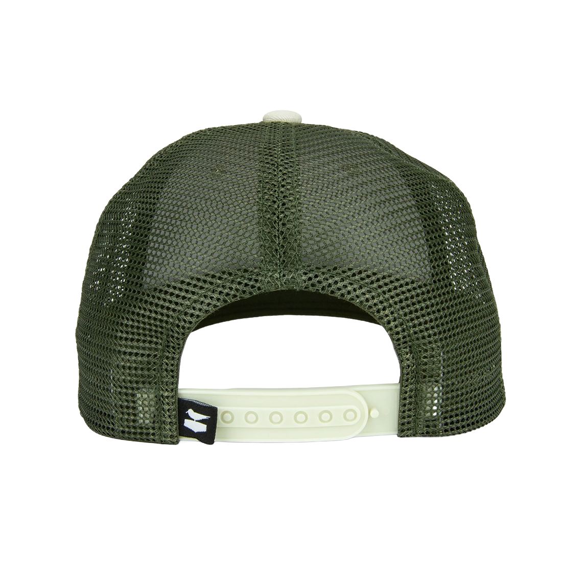 Olive green mesh back trucker hat with adjustable snap closure, Finny Hat back view - The Simple Man