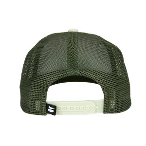 Olive green mesh back trucker hat with adjustable snap closure, Finny Hat back view - The Simple Man