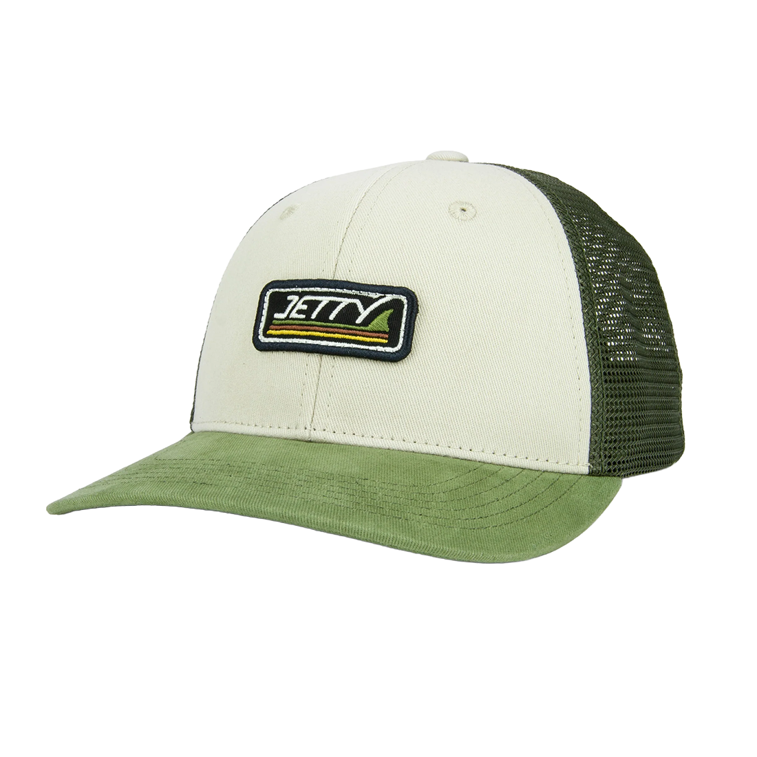 Cream front trucker hat with olive green bill and woven Jetty wave patch, Finny Hat front angled view - The Simple Man