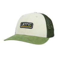 Cream front trucker hat with olive green bill and woven Jetty wave patch, Finny Hat front angled view - The Simple Man