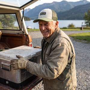 Man wearing cream and green Finny Hat with Jetty patch while loading a cooler outdoors - The Simple Man
