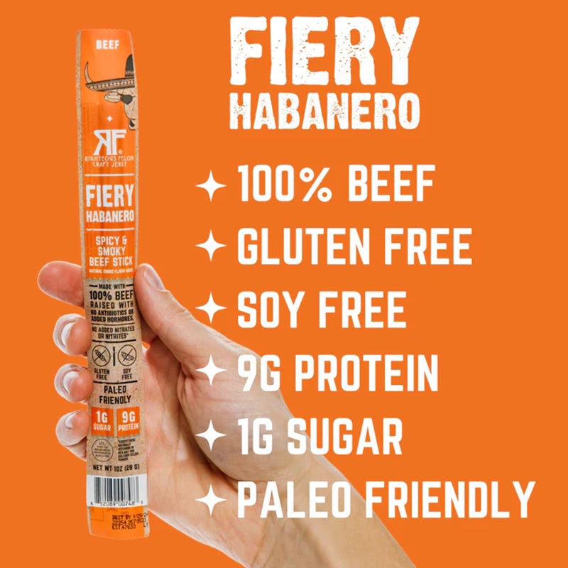 Righteous Felon Fiery Habanero Snack Stick Info graphic detailing the benefits