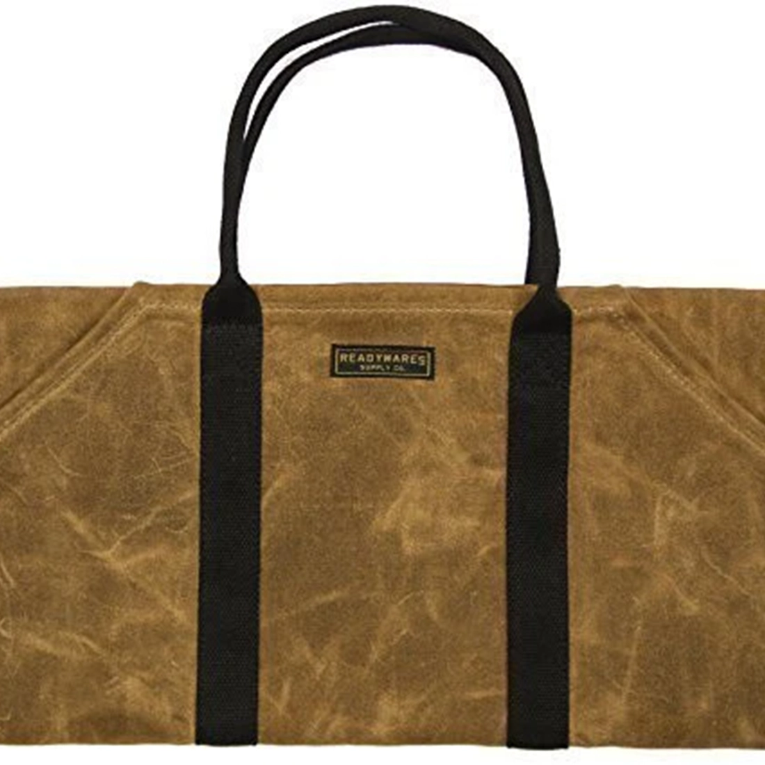 Readywares Waxed Canvas Firewood Log Carrier empty flat view white background — 16oz waxed canvas with black cotton poly webbing handles