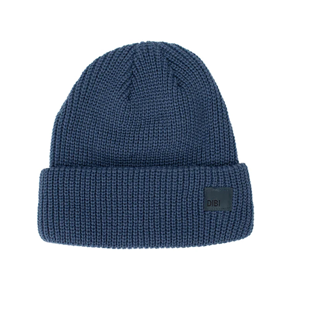 Blue knit beanie with a visible brand label on a white background