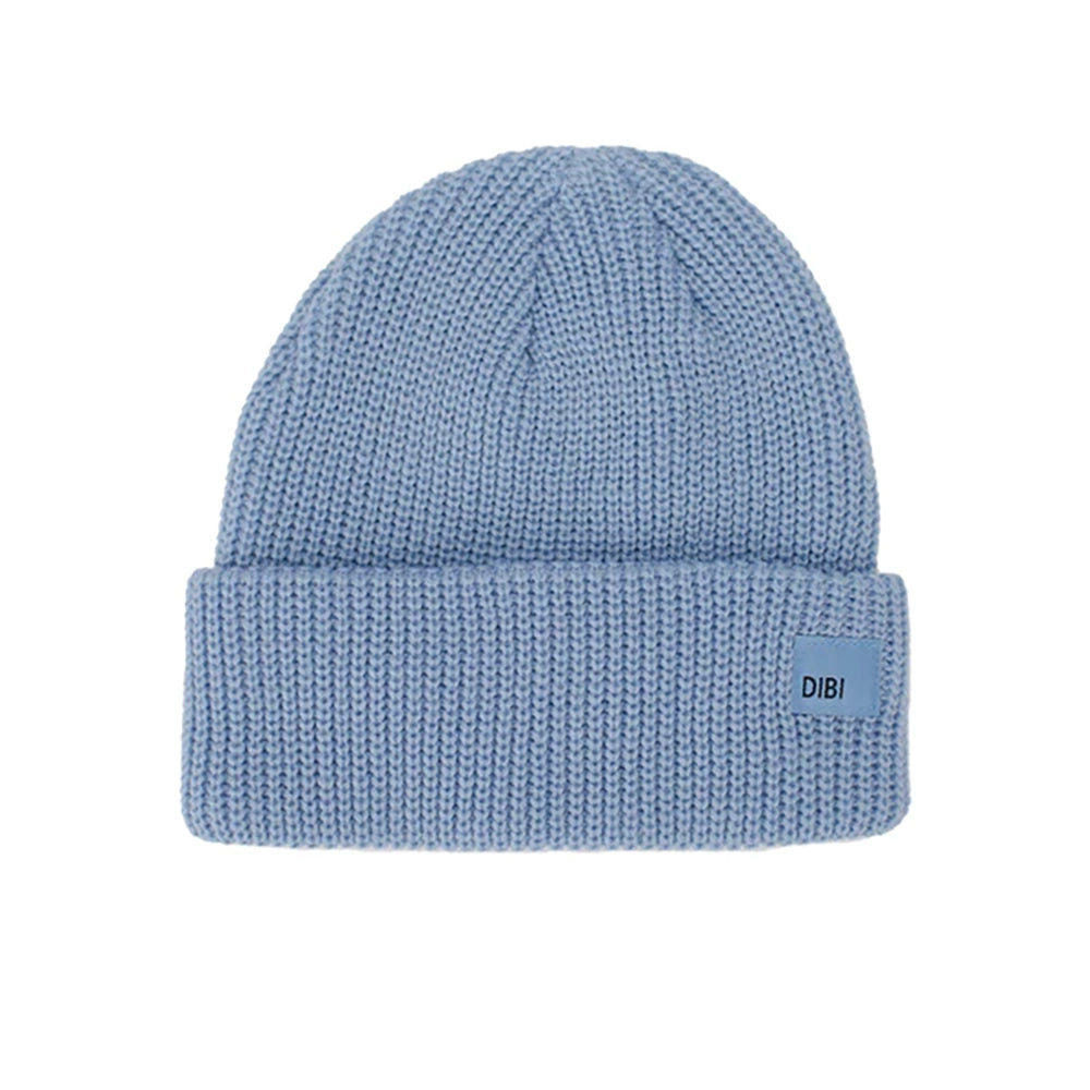 Blue knit beanie with 'DIBI' label on a white background