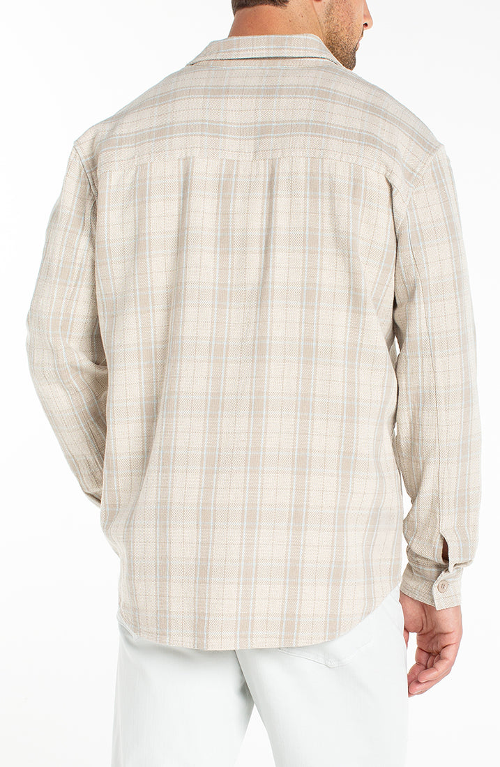 Back view of men’s plaid cotton linen overshirt in oatmeal with light blue windowpane pattern