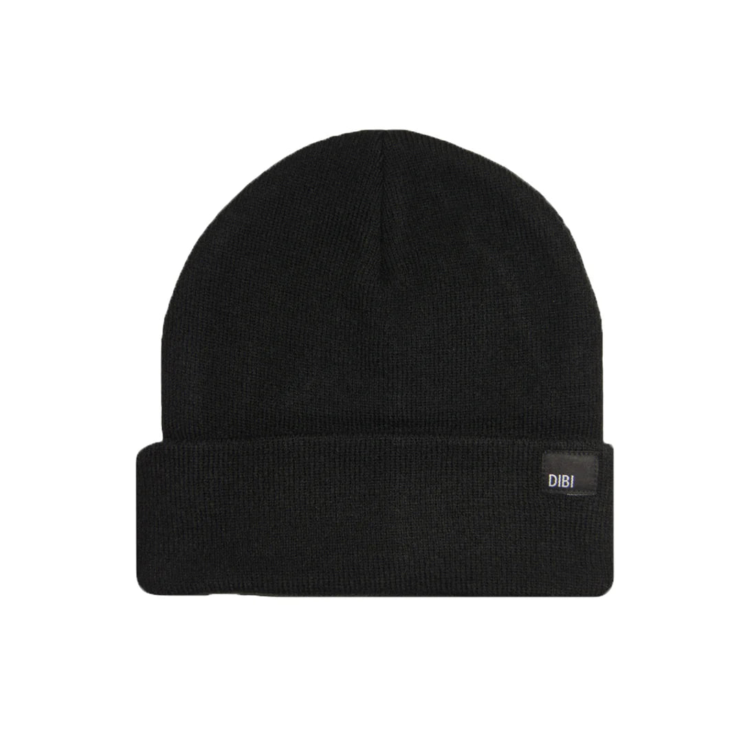 Black beanie with a small logo on a white background