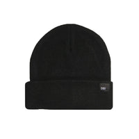 Black beanie with a small logo on a white background