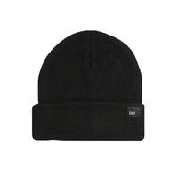 Black fleece-lined knit beanie with a small logo on a white background - The Simple Man
