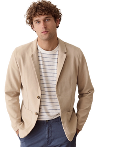 Man wearing Flex Terry Blazer in Dark Khaki open over striped tee, front view - The Simple Man