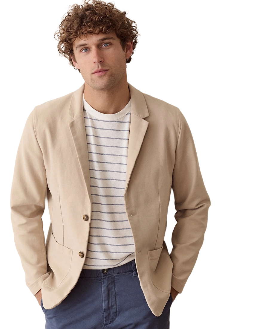 Man wearing Flex Terry Blazer in Dark Khaki open over striped tee, front view - The Simple Man