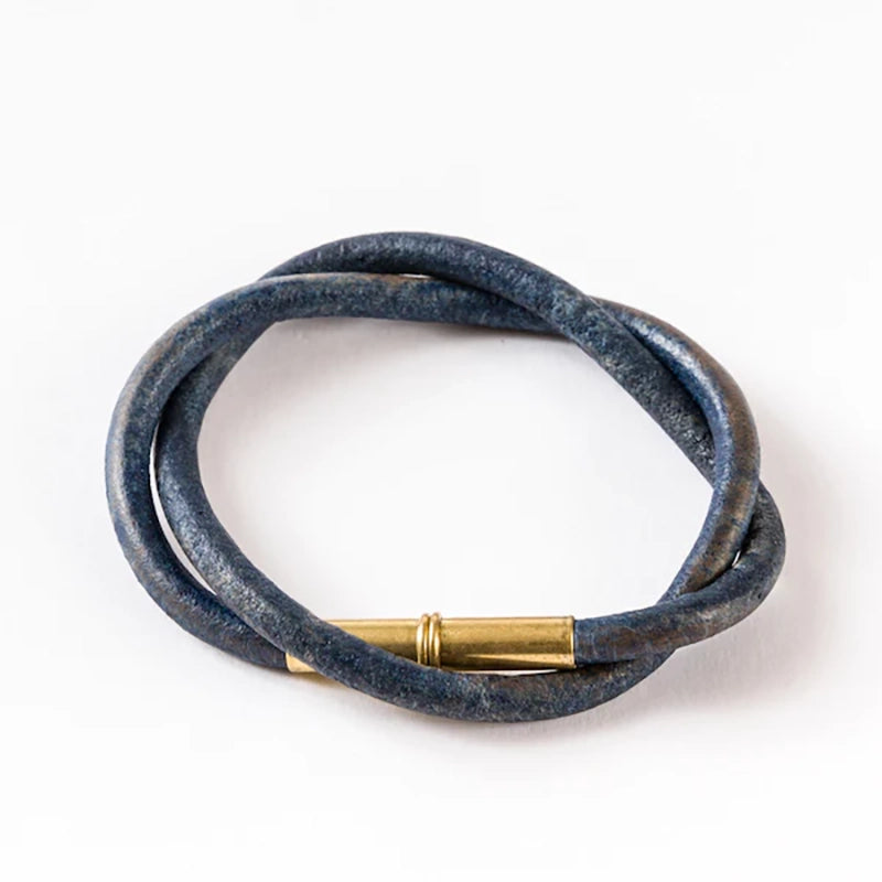 Tres Cuervos Flint double wrap Bracelet with .22 shell magnetic closer in Indigo  leather