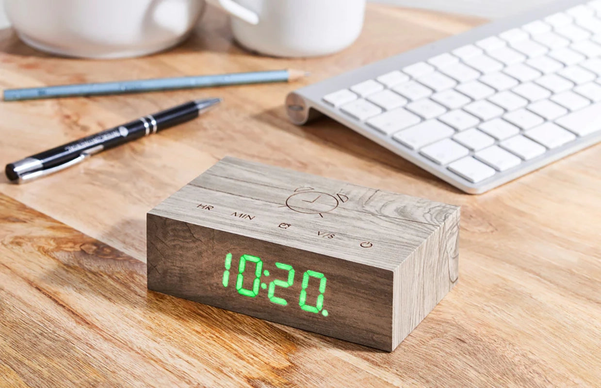 Ginko Designs Flip Click Clock in Walnut with Green LED Face stylized desk picture