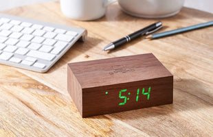 Ginko Designs Flip Click Clock in Walnut with Green LED Face.
