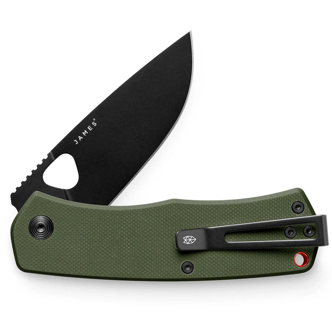The James Brand Folsom knife in OD green orange and black three-tone colorway