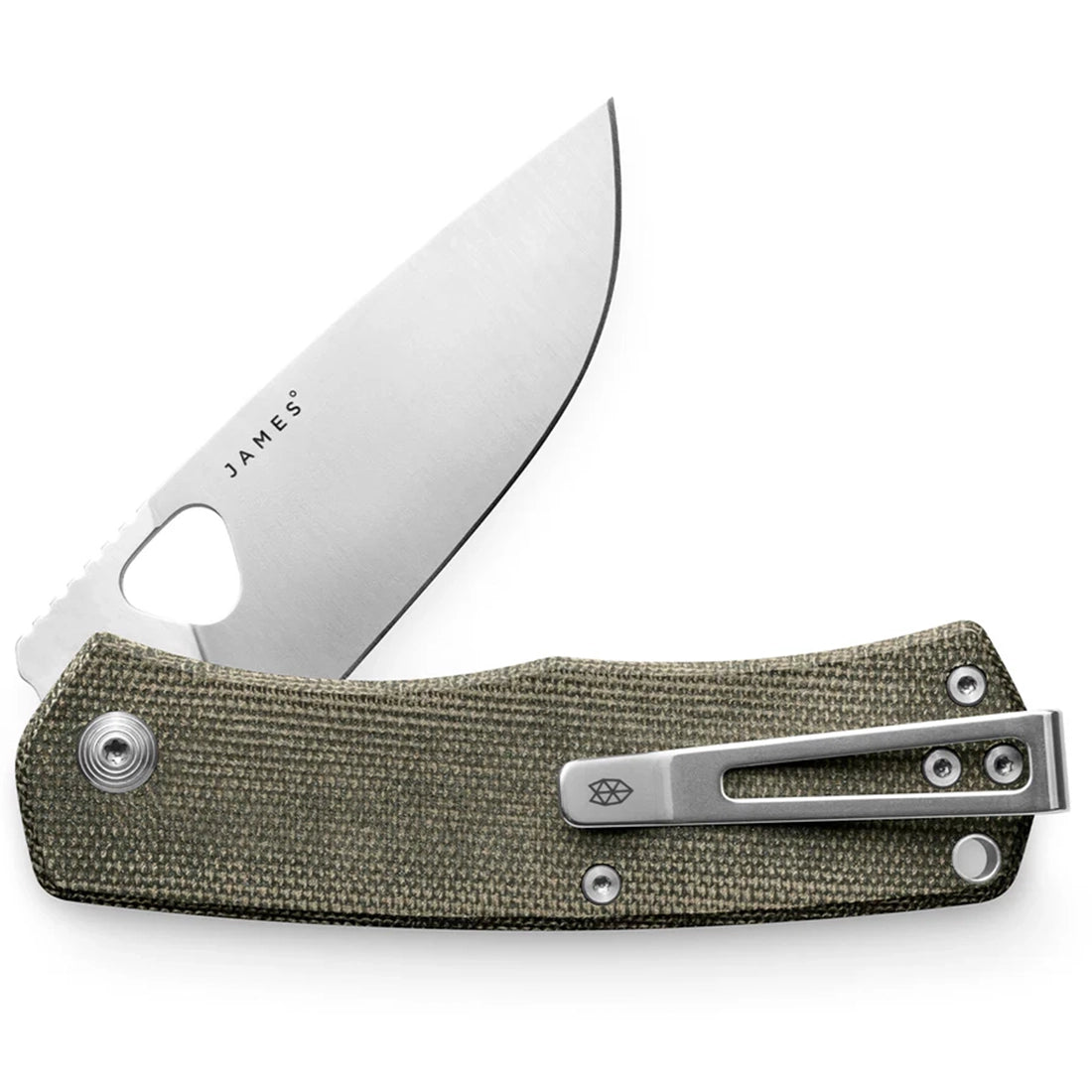 The James Brand Folsom knife in OD green Micarta and stainless steel