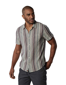 Model Wearing down shirt, in American Stripe pattern, front view