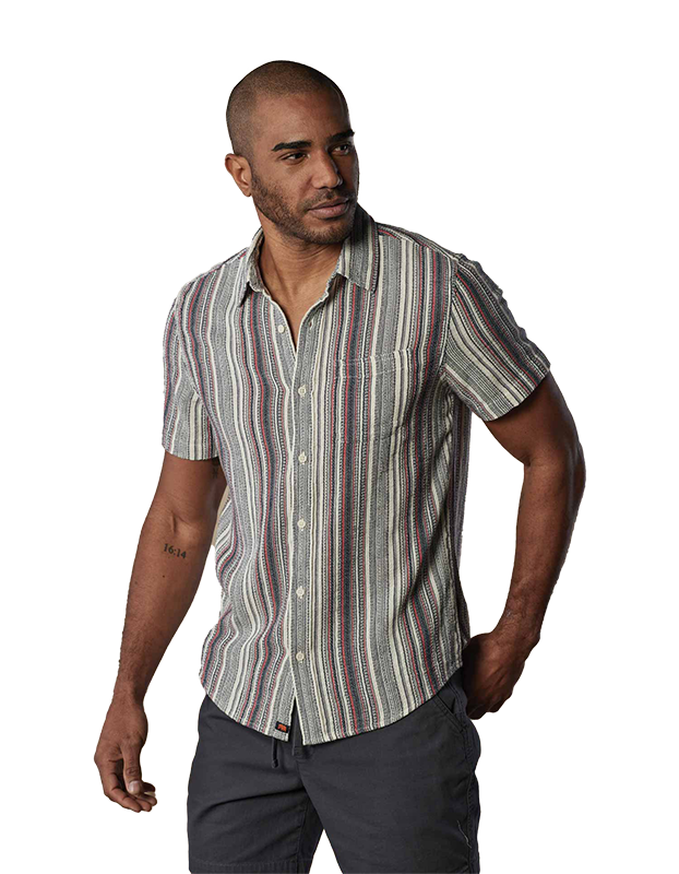 Model Wearing down shirt, in American Stripe pattern, front view