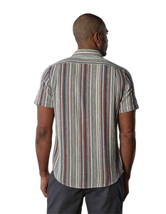 Model Wearing down shirt, in American Stripe pattern, rear view
