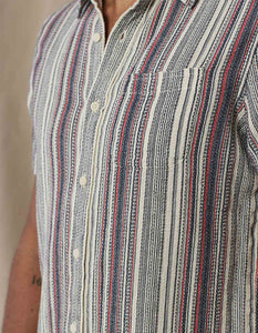 Model Wearing down shirt, in American Stripe pattern, front close up fabric detail view