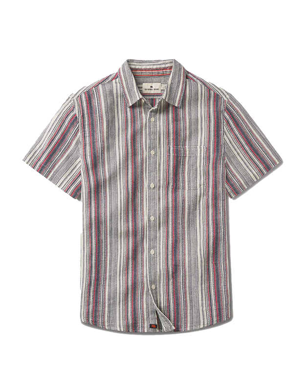 The Normal Brand Freshwater button down shirt, in American Stripe pattern, flat lay view