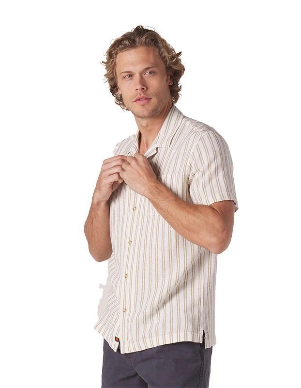 Model Wearing The Normal Brand Freshwater Camp shirt, in agave Stripe, front  view