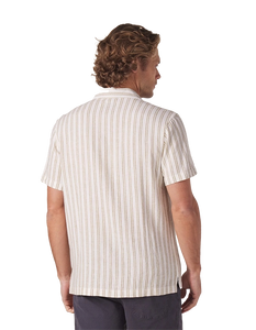 Model Wearing The Normal Brand Freshwater Camp shirt, in agave Stripe, rear  view
