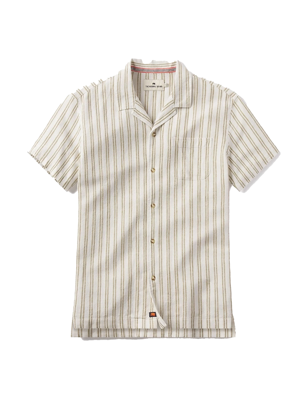 The Normal Brand Freshwater Camp shirt, in agave Stripe, flat lay view