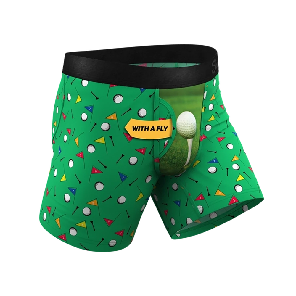Front Nine boxer briefs with fly – men’s golf underwear featuring novelty golf ball graphic