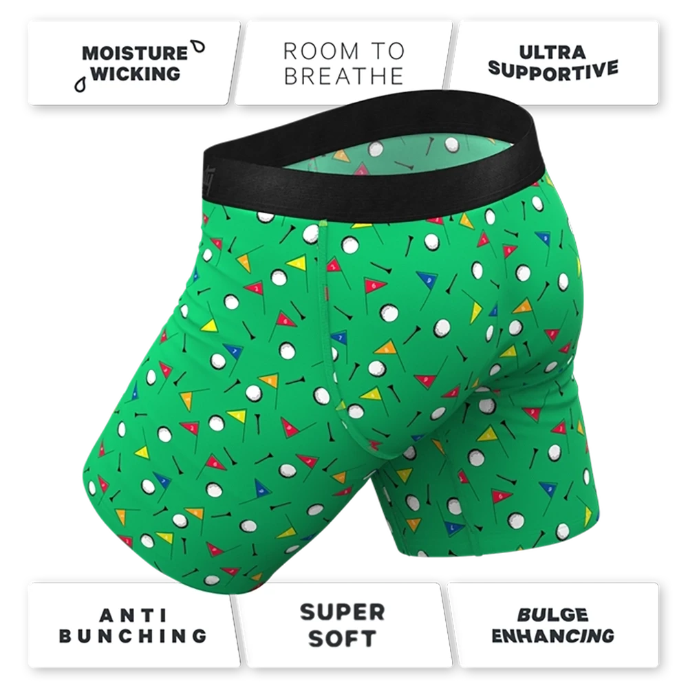 Back view of golf print men’s boxer briefs with comfort fit, moisture wicking, and anti-bunching features
