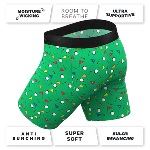 Back view of golf print men’s boxer briefs with comfort fit, moisture wicking, and anti-bunching features