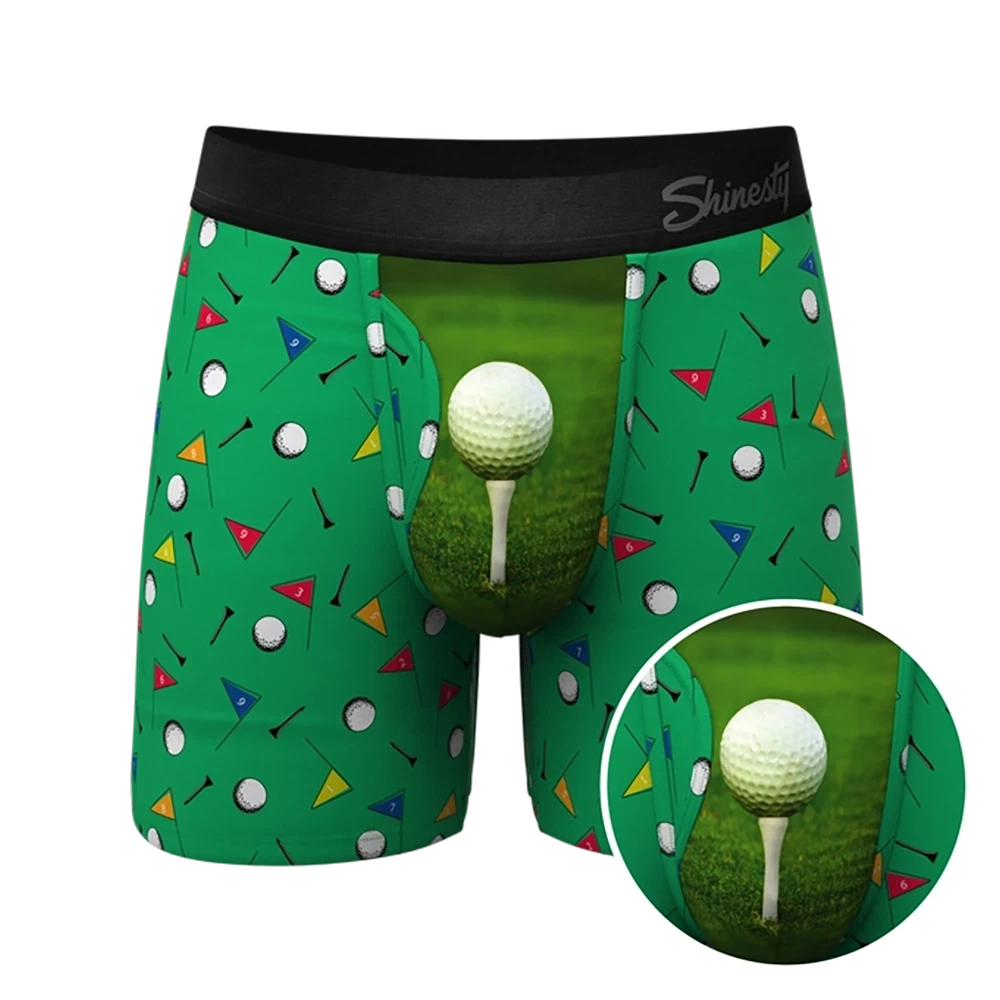 Green golf-themed boxer briefs with Ball Hammock® pouch and golf ball print – front view